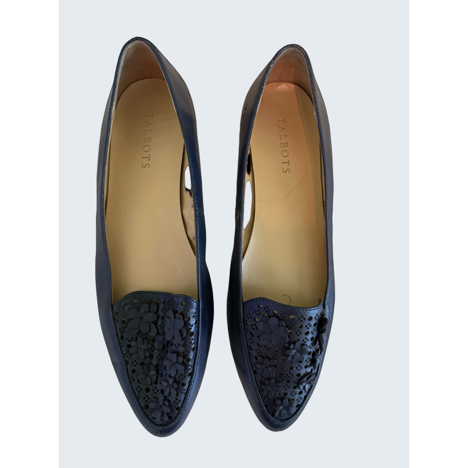 Talbots Navy Blue Leather Loafers W/Floral Cutout Detailing 9m